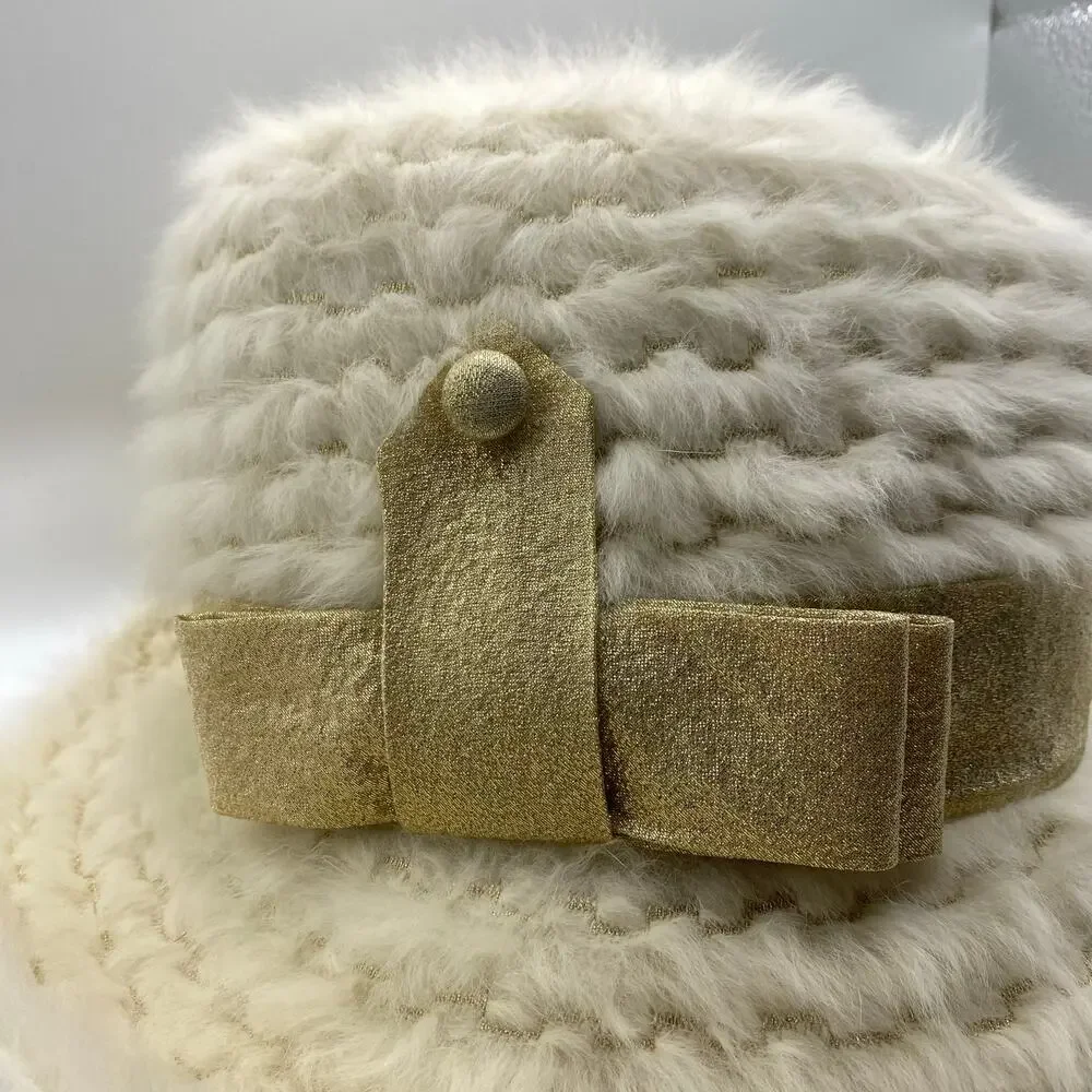 Vintage Sue Lee by Irving Faux Fur Hat Gold Bow Made in France 1960s Glam